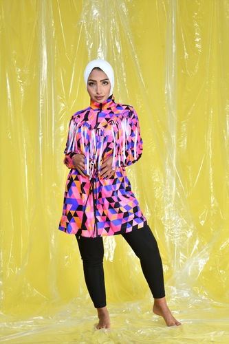 York beach - Neon multi colour fringe top with zipper and adjustable waist belt,  lose fit , with pull on hijab black colour  Complete the set choose your pants  Get the special price for neon orange pants only