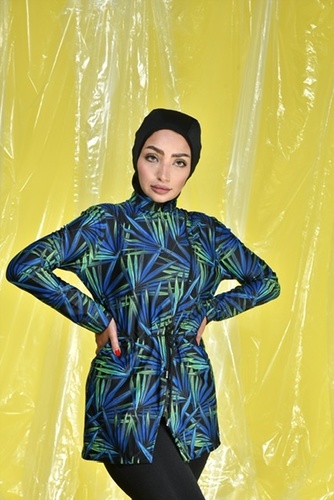 Palm beach - A fitted top with a zipper across the front and adjustable belt , with pull on black hijab  you can add pants to complete the set  get the special price for turquoise  pants only  Please write the size on the special request