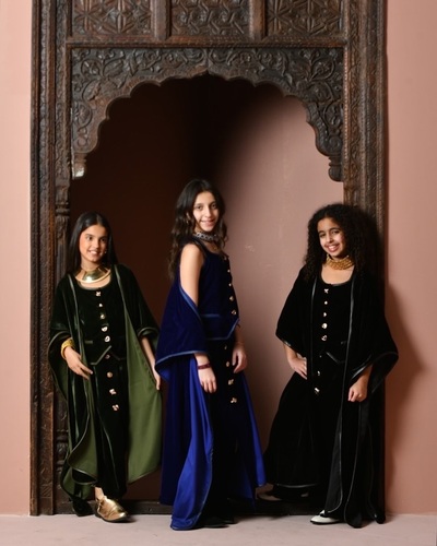 Velvet sparkle - A 3 pieces set top skirt and bisht with gold buttons  velvet with leather trim  dry clean only