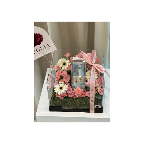 Distinctive Acrylic Box With Baby Roses and Chrysanthemums - A distinctive acrylic box with baby roses and chrysanthemum flowers in modern and elegant packaging. Acrylic can be added