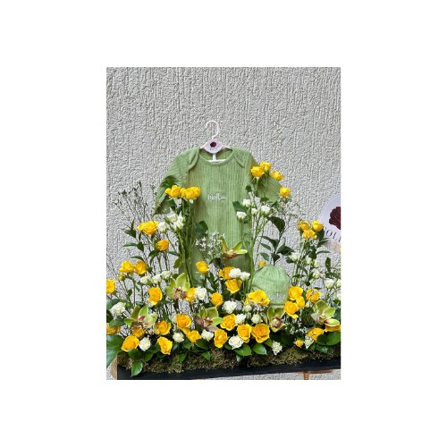 A Stand of Natural Baby Roses - A stand of natural baby roses, white and yellow, with a gift for the newborn in his name and a congratulatory card