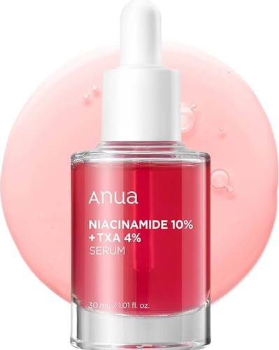 Anua serum - يحتوي على النياسيناميد بنسبة 10% وحمض الترانيكساميك بنسبة 4%، مما يستهدف تقليل البقع الداكنة وحبوب البشرة الملتهبة وندبات حب الشباب، ويحتوي على 2% أربوتين للمساعدة في تصحيح لون البشرة غير المتساوي عن طريق الحد من إنتاج الميلانين وتفتيح المناطق الداكنة