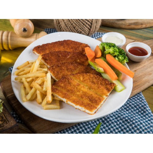 Chicken Escalop - Breaded fried chicken breast served with potatoes and sauteed vegetables