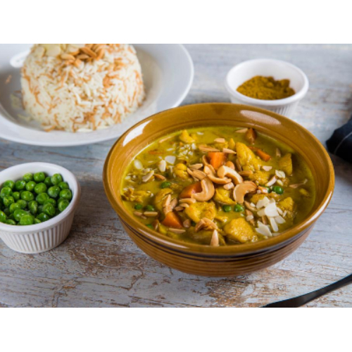 Curry Chicken - Pieces of chicken breasts with curry spices served with vermicelli rice.