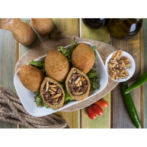 Fried Kebbeh - Lamb meat kebbeh, stuffed with minced meat, groats, onion, sumac and pomegranate molasses.