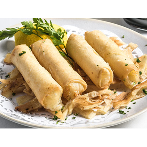 Cheese Rolls - Fried crispy pastry wraps stuffed with a special blend of cheese and a special seasoning.