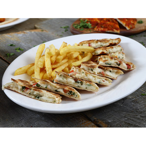 Grilled Halloumi Kellaj - Grilled flat bread stuffed with halloumi cheese and served with tomato, mint and french fries.