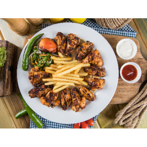 Grilled Chicken Wings - Marinated chicken wings, served with lemon, french fries and garlic sauce.