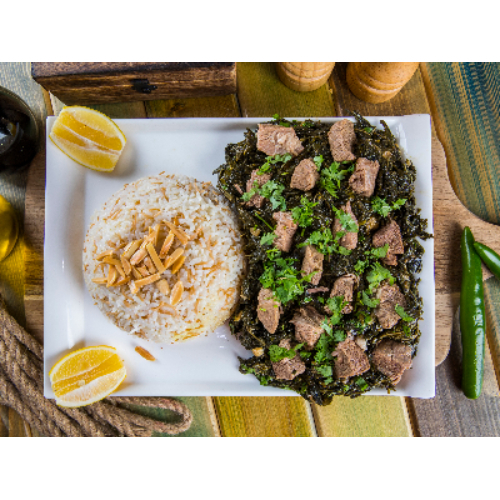 Molokhia With Meat - Molokheya leaves dry cooked in damasks way with chicken served with vermicelli rice