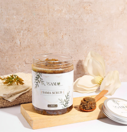 Sama Beauty  - Sama Scrub - Made from organic oils, shea butter, and cocoa, and added to it with herbs, types of coffee, and firming powders, the sandal works to lighten and tighten the skin’s texture and treat white and red lines