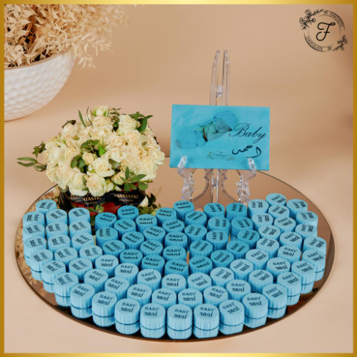 Elegant Newborn Boy Tray With Printed Chocolate And Natural Roses - Kindly write the newborn child's name in the box below