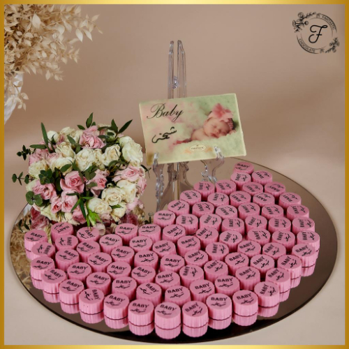 Elegant Newborn Girl Tray With Chocolate Printed With Natural Roses - Kindly write the newborn girl child's name in the box below