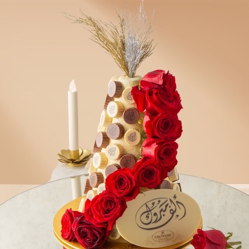 Chocolate tower with fresh flowers