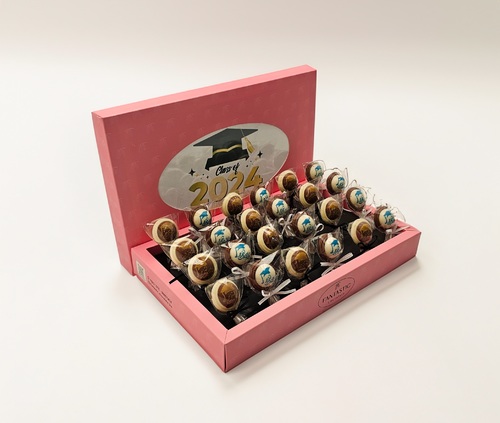 Chocolate Lollipop Box - 24 pieces of chocolate lollipop stuffed with Cotton Candy, and Raffaello, served in a pink box