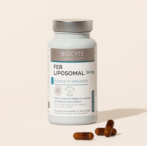 fe fer liposomal - Description: Iron deficiencies and helps reduce fatigue Main ingredients: Microencapsulated Iron-Vitamin C and Vitamin B12 Direction: 1 capsule/ day during meal ( 1 to 3 months)