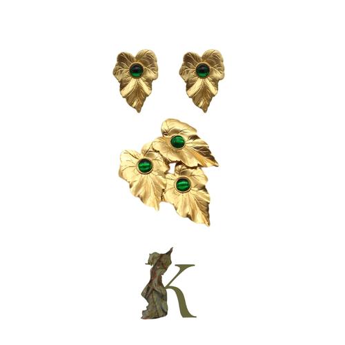 Leaf brooch & earing - Vintage metal a leaf & pin with green stone