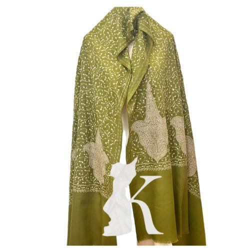 GREEN MOSS FLEECE FLOWER JAAL SOZNI EMBROIDERED Kashmere SHAWL - GREEN MOSS FLEECE FLOWER JAAL SOZNI EMBROIDERED CASHMERE SHAWL size 100cm x 200cm