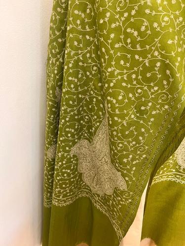 GREEN MOSS FLEECE FLOWER JAAL SOZNI EMBROIDERED Kashmere SHAWL
