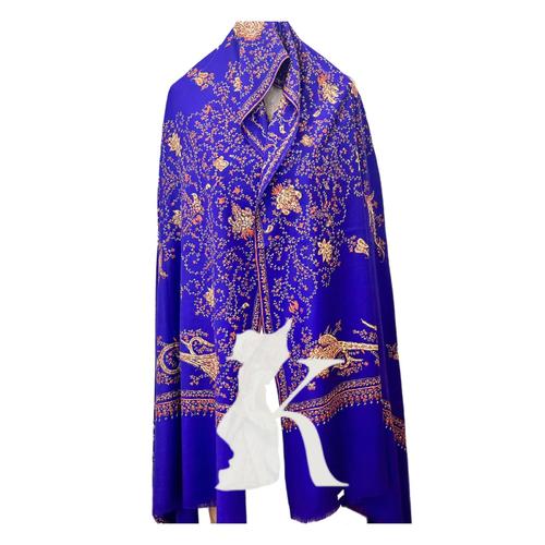 BLUE MOSS FLEECE FLOWER JAAL SOZNI EMBROIDERED CASHMERE SHAWL - BLUE MOSS FLEECE FLOWER JAAL SOZNI EMBROIDERED CASHMERE SHAWL SIZE 100CM X 200CM