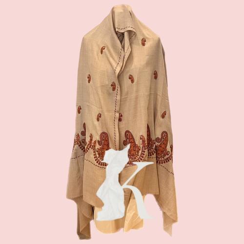 KASHIRI WOMEN'S WOOL SHAWL PEAG & ORANGE WHITE EMBROIDEY - KASHIRI WOMEN'S WOOL SHAWL PEAG & ORANGE WHITE EMBROIDEY Size 100CM x 200CM
