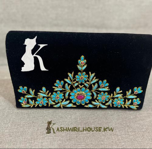 Black velvet evening bag, with blue embroidered, luxury bag