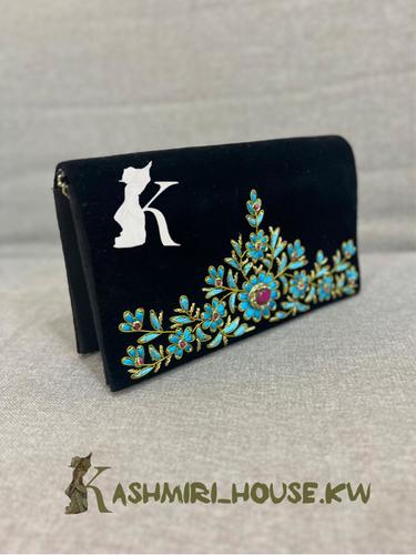 Black velvet evening bag, with blue embroidered, luxury bag