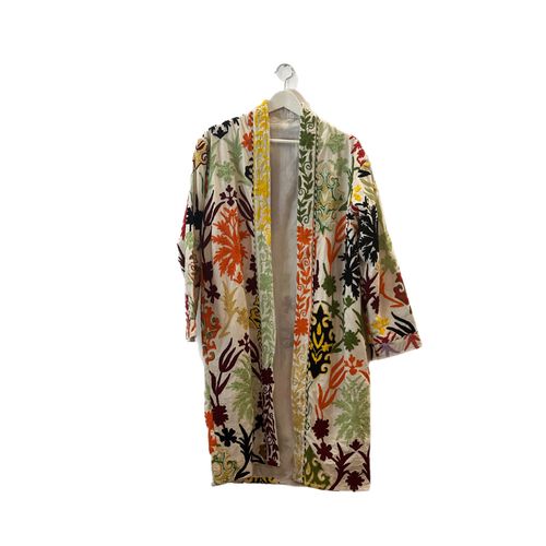 COTTON HANDMADE JACKET EMBROIDERY - COTTON HANDMADE JACKET EMBROIDERY BEIGE WITH MULTI COLOR FREE SIZE