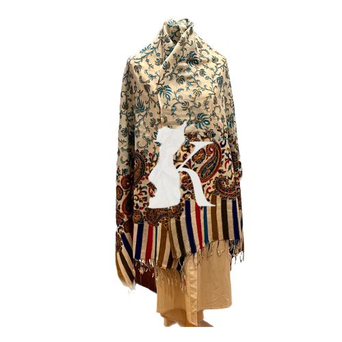HAND FULL STICHES - KASHMIR SHWAL - HAND FULL STICHES - KASHMIR SHWAL COLOR BEIGE & TURQUOISE