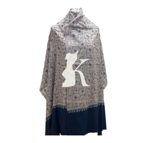 HAND FULL STICHES - KASHMIR SHWAL - HAND FULL STICHES - KASHMIR SHWAL LIGHT GREY WITH BLUE STUCHES