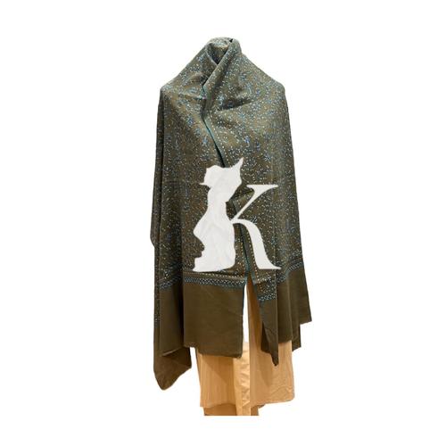 HAND FULL STICHES - KASHMIR SHWAL - HAND FULL STICHES - KASHMIR SHWAL COLOR OLIVE GREEN STICHES WITH BLUE