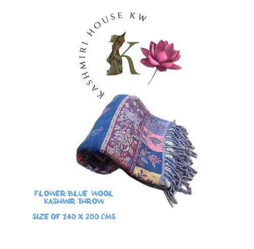 FLOWER BLUE WITH MULTI COLOR WOOL KASHMIR THROW - FLOWER BLUE WITH MULTI COLOR WOOL KASHMIR THROW