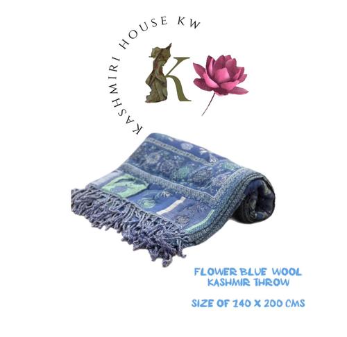 FLOWER BLUE WOOL KASHMIR THROW - FLOWER BLUE WOOL KASHMIR THROW SIZE 140CM X 200CM