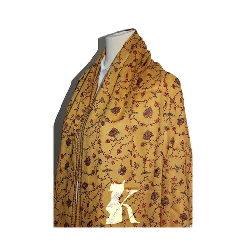 Threads Of Tradition, Threads Of Fashion - Hand stitched Kashmir scarf. Color yellow. Stylish, unique and luxurious for special occasions.