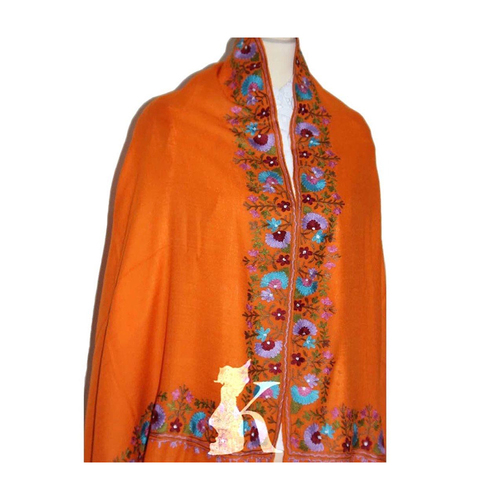 Elevate Your Style, Choose Kashmir - Hand stitched Kashmir scarf. Color: Orange. Stylish, unique and luxurious for special occasions.