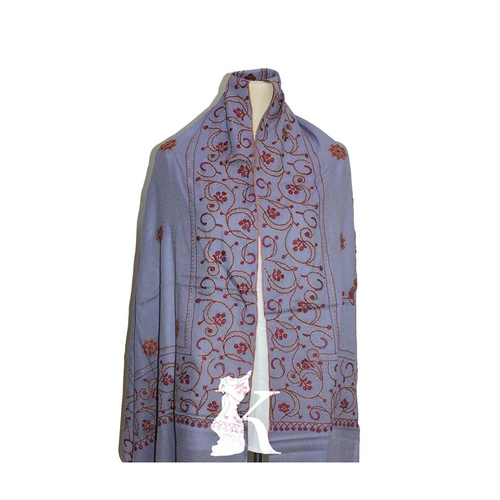 Elegance Woven In Every Thread - Hand stitched Kashmir scarf. Color : Purple. Stitched in Red and Gold Stylish, unique and luxurious for special occasions.
