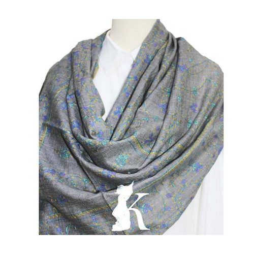 Elegance Woven In Every Thread - Hand stitched Kashmir scarf. Color : Grey. Stylish, unique and luxurious for special occasions.