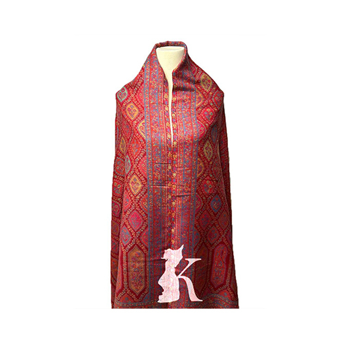 Pure Wool Kashmiri Shawl With Zari-Red with Honey Mustard