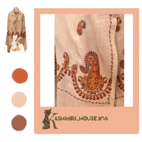 KASHIRI WOMEN'S WOOL SHAWL PEAG & ORANGE WHITE EMBROIDEY
