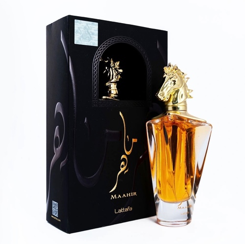 Maahir - Brand: maahir by lattafa eau de parfum - 100 ml   
. Top nots : Saffron, Rose . Heart nots : Akigalawood,leather, Dry Amber. Base nots : Oud Mood Accord, Vanilla, Musk