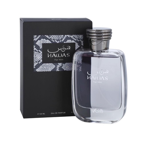 Hawas - Brand: Hawas By Alrasasi eau de parfum 100ml
. Top notes: apple, bergamot, lemon, cinnamon. Heart notes: orange blossom, cardamom and plum. Base notes: patchouli, brian, driftwood, musk