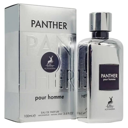 Panther - Brand: Panther by maison alhambra eau de perfum - 100ml
. Top notes: Lavender, Lemon Zest and Amalfi Lemon  . Heart notes: Lavender, Smoke, Earthy Notes, Apple and Patchouli  . Base notes: Vanilla, Lavender and Vetiver