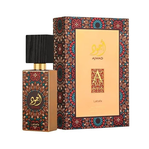 Ajwad - Brand: Ajwad By Lattafa Eau De Parfum  - 60ml

. Top notes: fruity notes. Heart notes: rose and jasmine. Base notes: vanilla, musk, amber and cedarwood