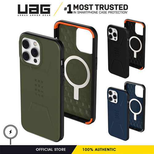 UAG iPhone 14 Pro Max MagSafe Civilian Case - Civilian Series protective cases are engineered with our HyperCush™ technology to dampen and disperse the energy created when a mobile device collides with another surface. Simply put, it cushions your precious phone when it slips out of your grip. Our patent-pending, lab-tested design is created by layering two shock-absorbing materials with a dynamic hexagon pattern. Civilian is a modern, rugged phone case for the modern wanderer in search of discreet protection.