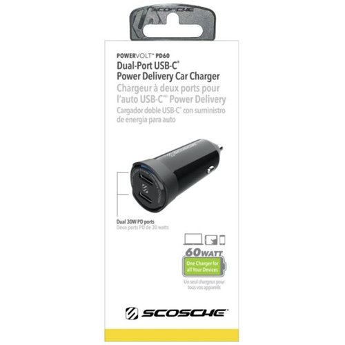 Scosche Powervolt 60W Certified Dual Usb Type-C + Type-C Fast Car Charger Power Delivery 3.0