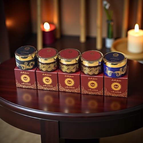 Display set of 5 small mamool boxes - Buy 5 tolas of the luxurious Maamoul from Yafaan for Oud and Bakhoor (Zaffa Maamoul - Oudi Maamoul - Nawla Maamoul - Arab Maamoul - Galaxy Maamoul) one tola for each Maamoul.