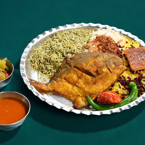 Zubaidi With Rice - Fresh fried fish zubeidi spiced way yas with mix rice the iranian dressing served with daqos with warm bread.