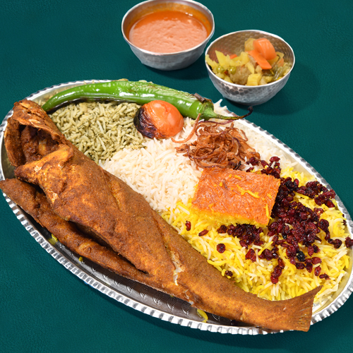 Nowiby With Rice - Fresh fried fish nowiby spiced way yas with mix rice the iranian dressing and served with daqos with warm bread.