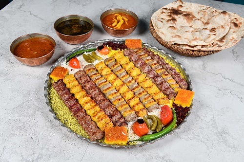 Tray Mix Kabab With Rice With - Mix Rice with Iranian Kabab and Yas Kabab,5 stew from your choice, 5 pepsi , tanoor bread with Yas special service