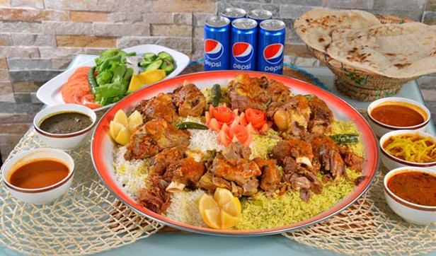 Tray Rice With Meat - Mix rice with piece of meat ,5 stew from your choice, 5 pepsi , tannour bread with yas special servive