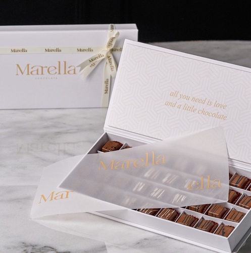 Marella - Box chocolate - علبة شوكولاتة بلجيكية الحجم الكبير 36 قطعة  تتكون الحشوات من ثلاث انواع بستاشيو - رهش - كرانشي